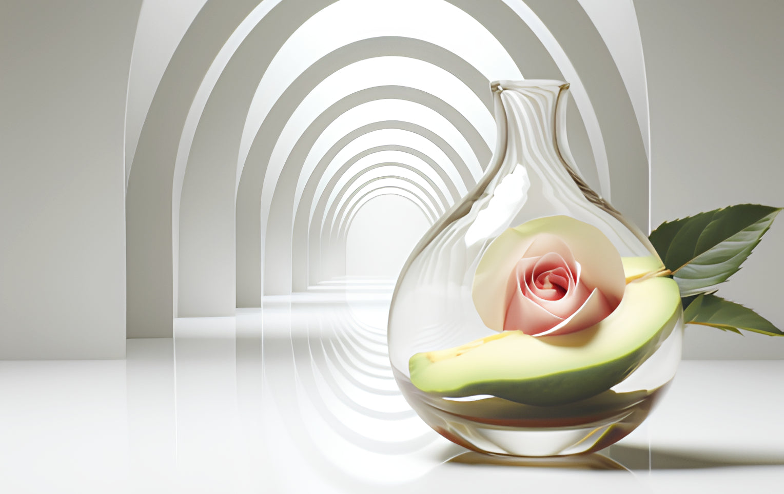 Greentealy - picture of an avocado and rose in a clear vase in front of a rand hallway. This image depicts that Greentealy only uses 100% clean ingredients.